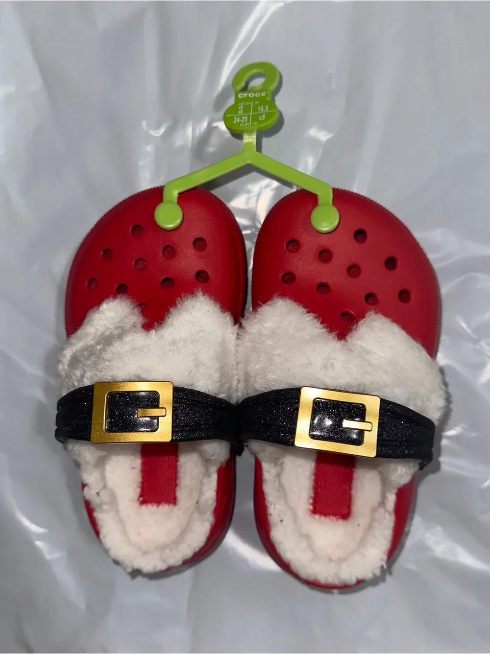 CROCS Red Clog Slides with Black Strap and Cream Fuzzy Lining